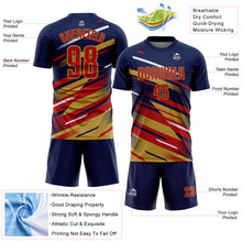 Загрузить изображение в средство просмотра галереи, Custom Navy Red Old Gold-White Grunge Stripe And Grainy Sports Sublimation Soccer Uniform Jersey
