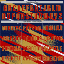 Загрузить изображение в средство просмотра галереи, Custom Navy Red Old Gold-White Grunge Stripe And Grainy Sports Sublimation Soccer Uniform Jersey
