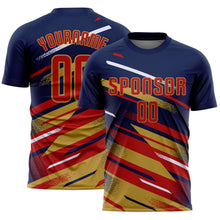 Загрузить изображение в средство просмотра галереи, Custom Navy Red Old Gold-White Grunge Stripe And Grainy Sports Sublimation Soccer Uniform Jersey
