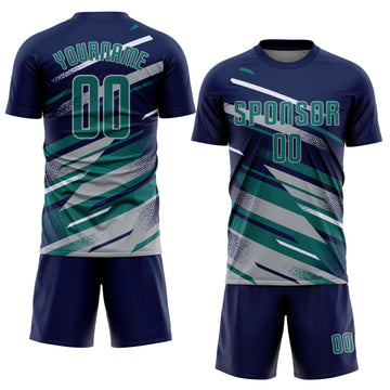 Custom Navy Teal Gray-White Grunge Stripe And Grainy Sports Sublimation Soccer Uniform Jersey