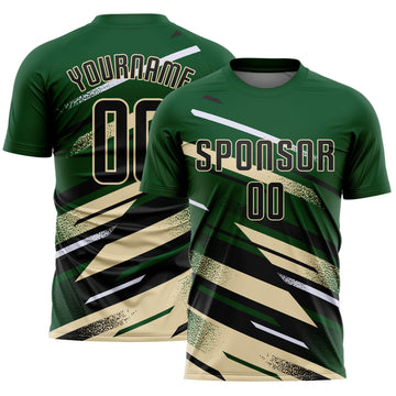 Custom Green Black Cream-White Grunge Stripe And Grainy Sports Sublimation Soccer Uniform Jersey
