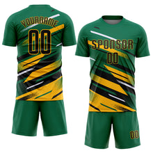 Загрузить изображение в средство просмотра галереи, Custom Kelly Green Black Gold-White Grunge Stripe And Grainy Sports Sublimation Soccer Uniform Jersey
