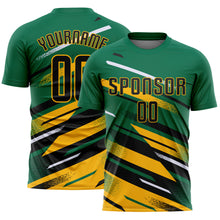 Загрузить изображение в средство просмотра галереи, Custom Kelly Green Black Gold-White Grunge Stripe And Grainy Sports Sublimation Soccer Uniform Jersey

