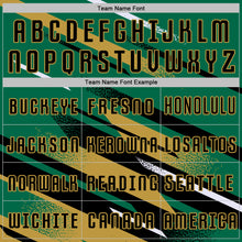 Загрузить изображение в средство просмотра галереи, Custom Kelly Green Black Old Gold-White Grunge Stripe And Grainy Sports Sublimation Soccer Uniform Jersey
