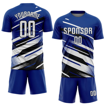 Custom Royal White-Black Grunge Stripe And Grainy Sports Sublimation Soccer Uniform Jersey