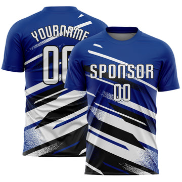 Custom Royal White-Black Grunge Stripe And Grainy Sports Sublimation Soccer Uniform Jersey