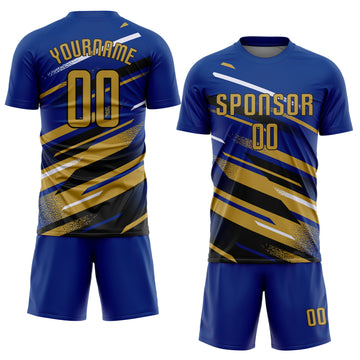 Custom Royal Old Gold Black-White Grunge Stripe And Grainy Sports Sublimation Soccer Uniform Jersey