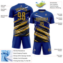 Load image into Gallery viewer, Custom Royal Old Gold Black-White Grunge Stripe And Grainy Sports Sublimation Soccer Uniform Jersey

