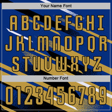 Load image into Gallery viewer, Custom Royal Old Gold Black-White Grunge Stripe And Grainy Sports Sublimation Soccer Uniform Jersey
