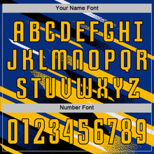 Загрузить изображение в средство просмотра галереи, Custom Royal Gold Black-White Grunge Stripe And Grainy Sports Sublimation Soccer Uniform Jersey
