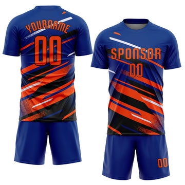 Custom Royal Orange Black-White Grunge Stripe And Grainy Sports Sublimation Soccer Uniform Jersey