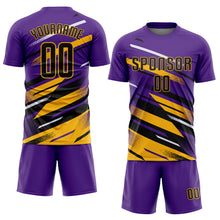 Загрузить изображение в средство просмотра галереи, Custom Purple Black Gold-White Grunge Stripe And Grainy Sports Sublimation Soccer Uniform Jersey
