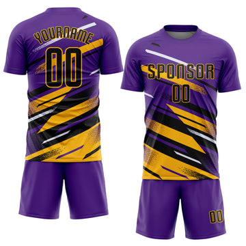 Custom Purple Black Gold-White Grunge Stripe And Grainy Sports Sublimation Soccer Uniform Jersey