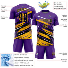 Загрузить изображение в средство просмотра галереи, Custom Purple Black Gold-White Grunge Stripe And Grainy Sports Sublimation Soccer Uniform Jersey
