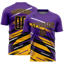 Загрузить изображение в средство просмотра галереи, Custom Purple Black Gold-White Grunge Stripe And Grainy Sports Sublimation Soccer Uniform Jersey
