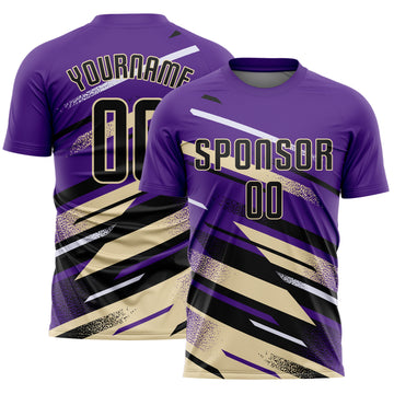 Custom Purple Black Cream-White Grunge Stripe And Grainy Sports Sublimation Soccer Uniform Jersey