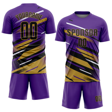 Custom Purple Black Old Gold-White Grunge Stripe And Grainy Sports Sublimation Soccer Uniform Jersey