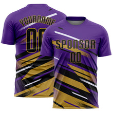 Загрузить изображение в средство просмотра галереи, Custom Purple Black Old Gold-White Grunge Stripe And Grainy Sports Sublimation Soccer Uniform Jersey
