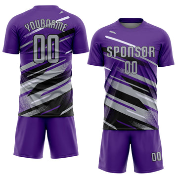 Custom Purple Gray Black-White Grunge Stripe And Grainy Sports Sublimation Soccer Uniform Jersey
