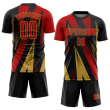 Load image into Gallery viewer, Custom Black Red-Old Gold Radial Burst Sports Sublimation Soccer Uniform Jersey
