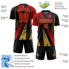 Load image into Gallery viewer, Custom Black Red-Old Gold Radial Burst Sports Sublimation Soccer Uniform Jersey
