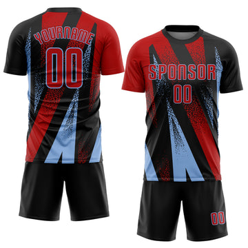 Custom Black Red-Light Blue Radial Burst Sports Sublimation Soccer Uniform Jersey