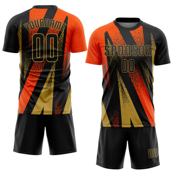 Custom Black Orange-Old Gold Radial Burst Sports Sublimation Soccer Uniform Jersey