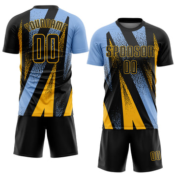 Custom Black Light Blue-Gold Radial Burst Sports Sublimation Soccer Uniform Jersey