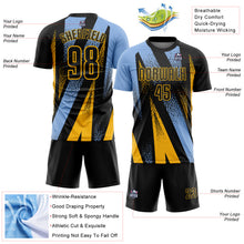 Load image into Gallery viewer, Custom Black Light Blue-Gold Radial Burst Sports Sublimation Soccer Uniform Jersey
