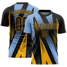 Load image into Gallery viewer, Custom Black Light Blue-Gold Radial Burst Sports Sublimation Soccer Uniform Jersey

