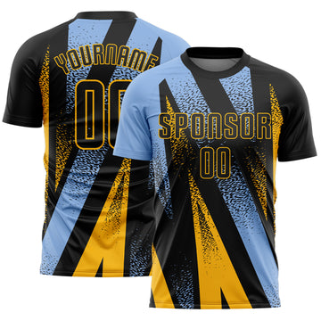 Custom Black Light Blue-Gold Radial Burst Sports Sublimation Soccer Uniform Jersey