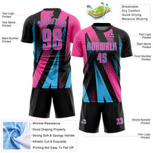 Laden Sie das Bild in den Galerie-Viewer, Custom Black Pink-Sky Blue Radial Burst Sports Sublimation Soccer Uniform Jersey
