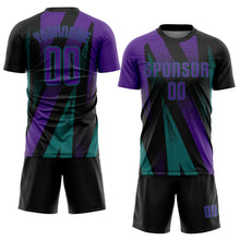 Load image into Gallery viewer, Custom Black Purple-Teal Radial Burst Sports Sublimation Soccer Uniform Jersey
