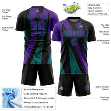 Load image into Gallery viewer, Custom Black Purple-Teal Radial Burst Sports Sublimation Soccer Uniform Jersey
