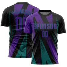 Load image into Gallery viewer, Custom Black Purple-Teal Radial Burst Sports Sublimation Soccer Uniform Jersey
