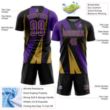 Load image into Gallery viewer, Custom Black Purple-Old Gold Radial Burst Sports Sublimation Soccer Uniform Jersey
