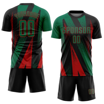 Custom Black Kelly Green-Red Radial Burst Sports Sublimation Soccer Uniform Jersey