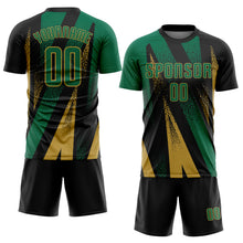 Charger l'image dans la galerie, Custom Black Kelly Green-Old Gold Radial Burst Sports Sublimation Soccer Uniform Jersey
