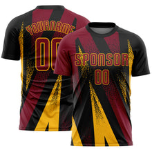 Laden Sie das Bild in den Galerie-Viewer, Custom Black Crimson-Gold Radial Burst Sports Sublimation Soccer Uniform Jersey
