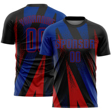 Загрузить изображение в средство просмотра галереи, Custom Black Royal-Red Radial Burst Sports Sublimation Soccer Uniform Jersey

