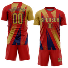 Laden Sie das Bild in den Galerie-Viewer, Custom Red Old Gold-Navy Radial Burst Sports Sublimation Soccer Uniform Jersey
