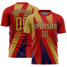 Laden Sie das Bild in den Galerie-Viewer, Custom Red Old Gold-Navy Radial Burst Sports Sublimation Soccer Uniform Jersey
