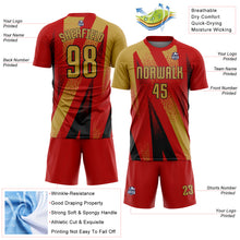 Laden Sie das Bild in den Galerie-Viewer, Custom Red Old Gold-Black Radial Burst Sports Sublimation Soccer Uniform Jersey
