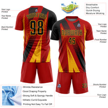 Laden Sie das Bild in den Galerie-Viewer, Custom Red Black-Gold Radial Burst Sports Sublimation Soccer Uniform Jersey
