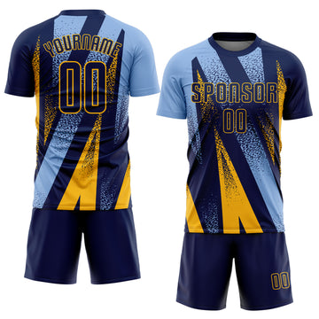 Custom Navy Light Blue-Gold Radial Burst Sports Sublimation Soccer Uniform Jersey