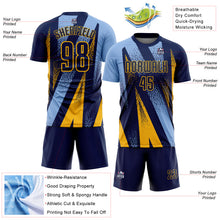 Загрузить изображение в средство просмотра галереи, Custom Navy Light Blue-Gold Radial Burst Sports Sublimation Soccer Uniform Jersey
