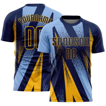 Custom Navy Light Blue-Gold Radial Burst Sports Sublimation Soccer Uniform Jersey
