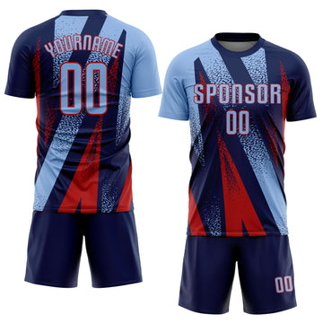 Custom Navy Light Blue-Red Radial Burst Sports Sublimation Soccer Uniform Jersey