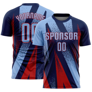 Custom Navy Light Blue-Red Radial Burst Sports Sublimation Soccer Uniform Jersey