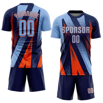 Custom Navy Light Blue-Orange Radial Burst Sports Sublimation Soccer Uniform Jersey